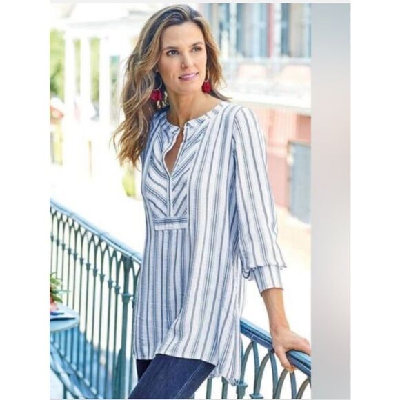 Soft Surroundings Tops - Soft Surroundings Belinda Striped Tunic Top Snap Front Shirt S NWT